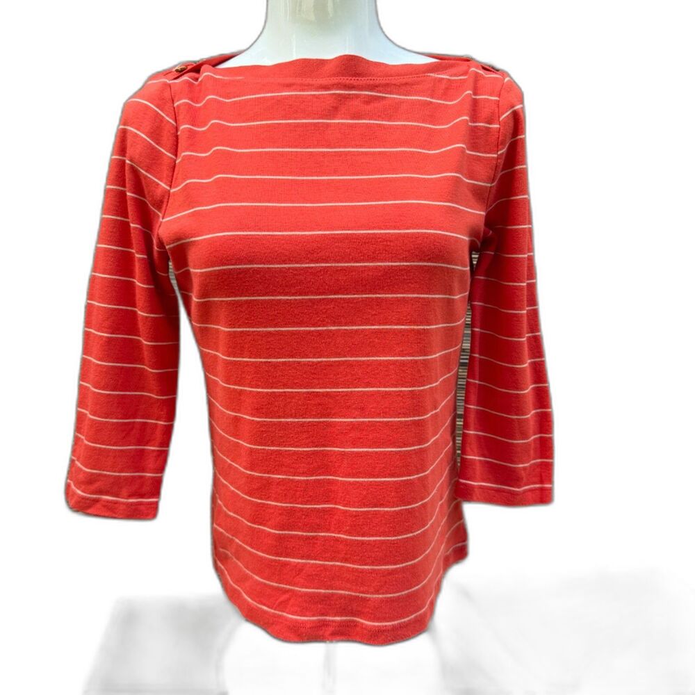 L R Lauren Striped Boatneck Top Women PM Coastal 3/4 Sleeve Preppy Nautical‎